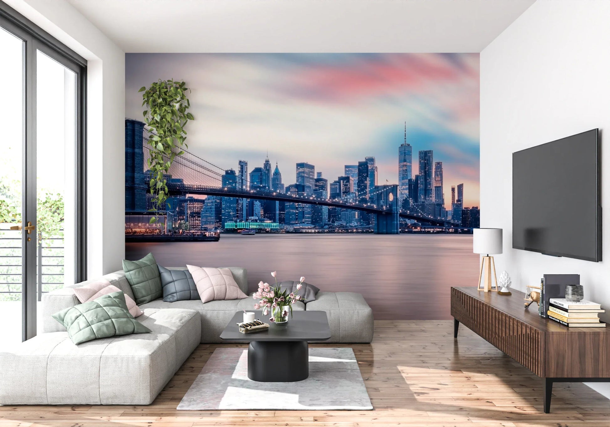 NYC Twilight Dreams wall mural depicting a busy city at night in a flat.