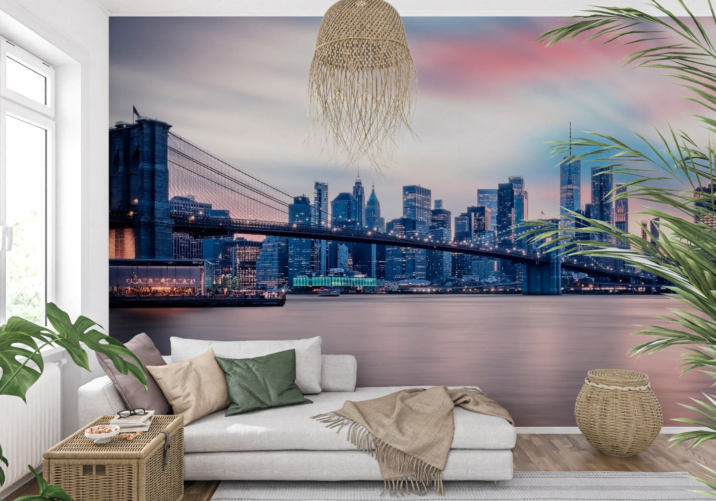 Urban city lights on a NYC Twilight Dreams wall mural for a bedroom wall.
