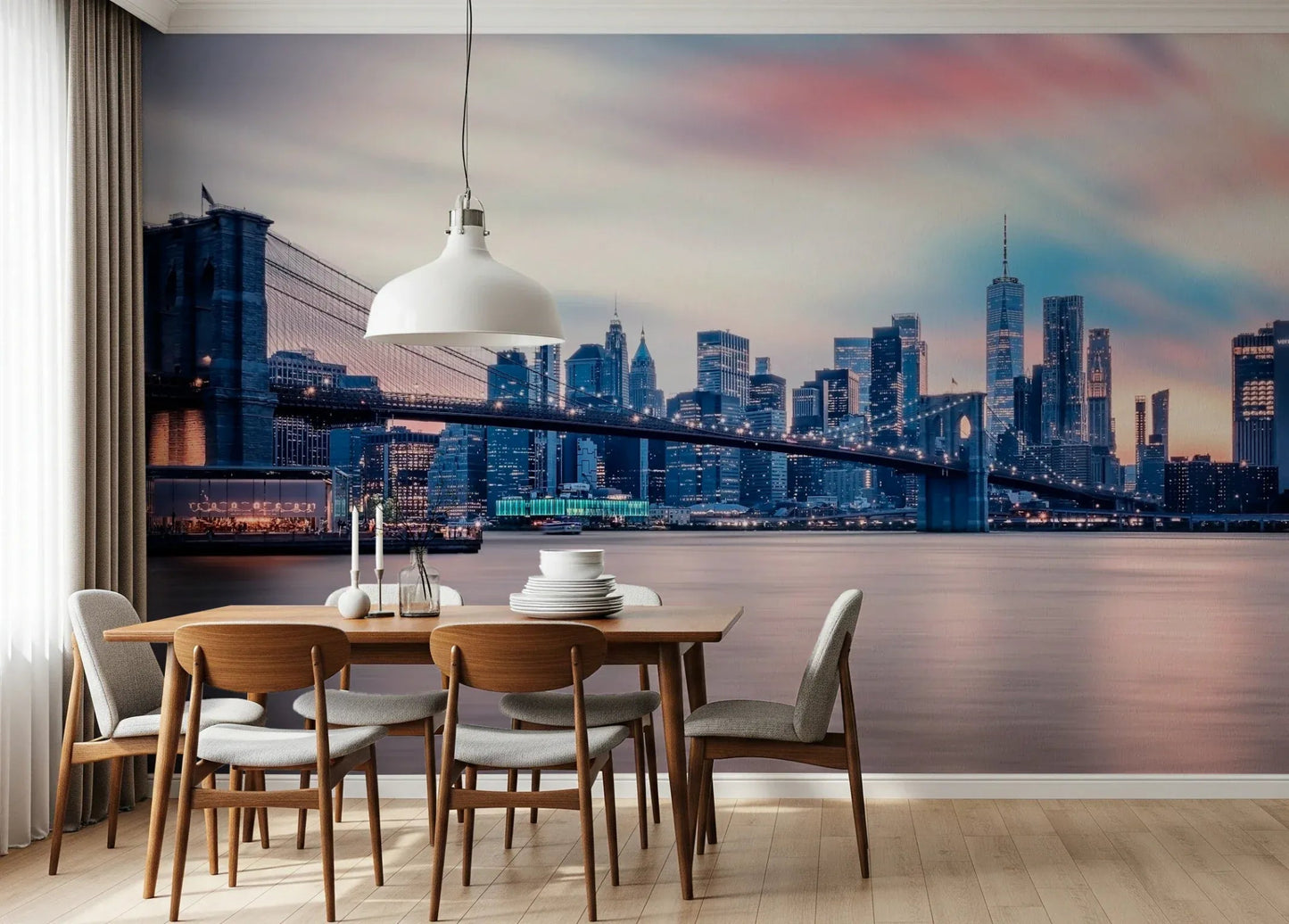 NYC Twilight Dreams wall mural with purple dusk sky in a minimalist apartment.