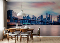NYC Twilight Dreams wall mural with purple dusk sky in a minimalist apartment.