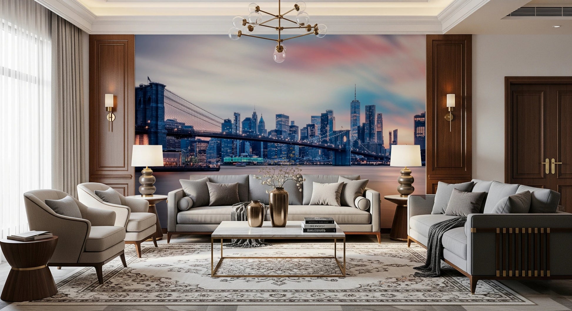 Evening river views on a NYC Twilight Dreams wall mural in a dining area.