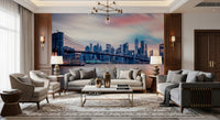 Evening river views on a NYC Twilight Dreams wall mural in a dining area.