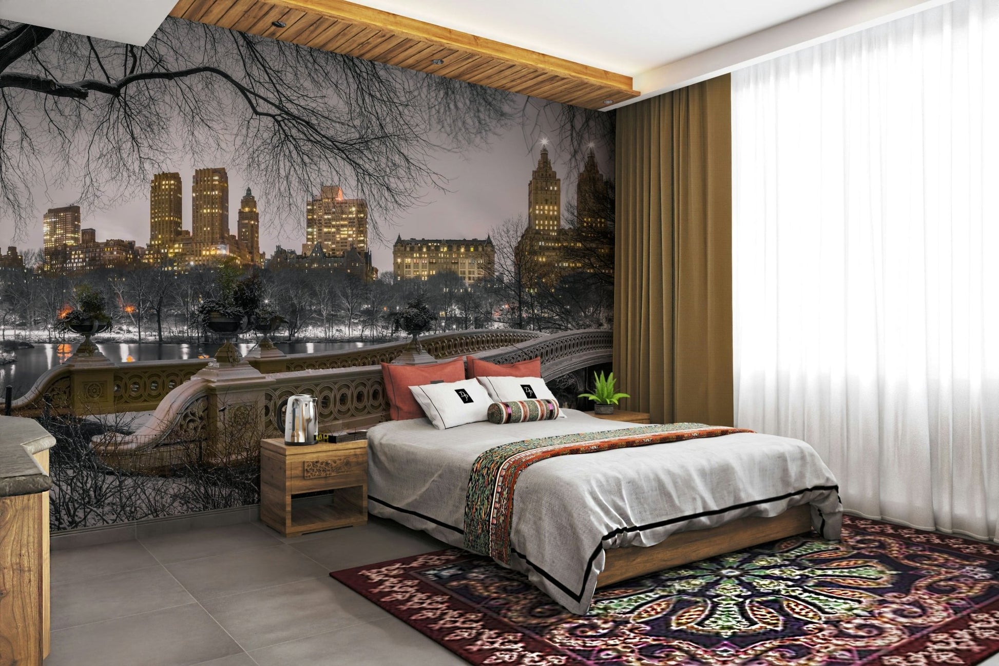 A high-angle view of the wall mural in a large space.

