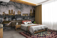 A high-angle view of the wall mural in a large space.

