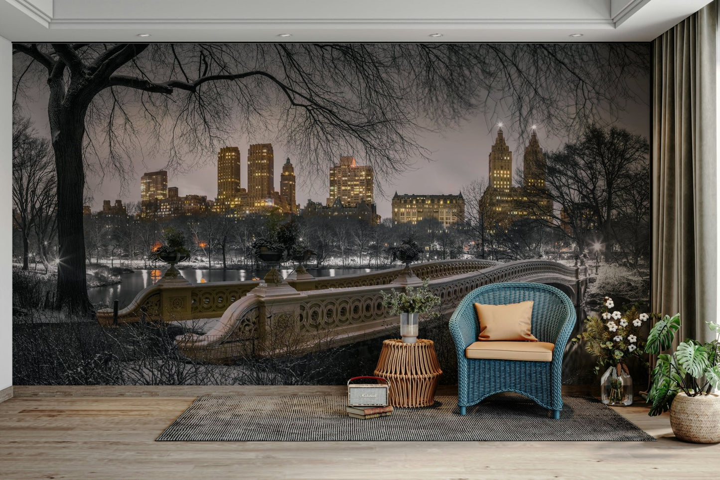 A detail shot of the elegant streetscape with warm glowing windows.

