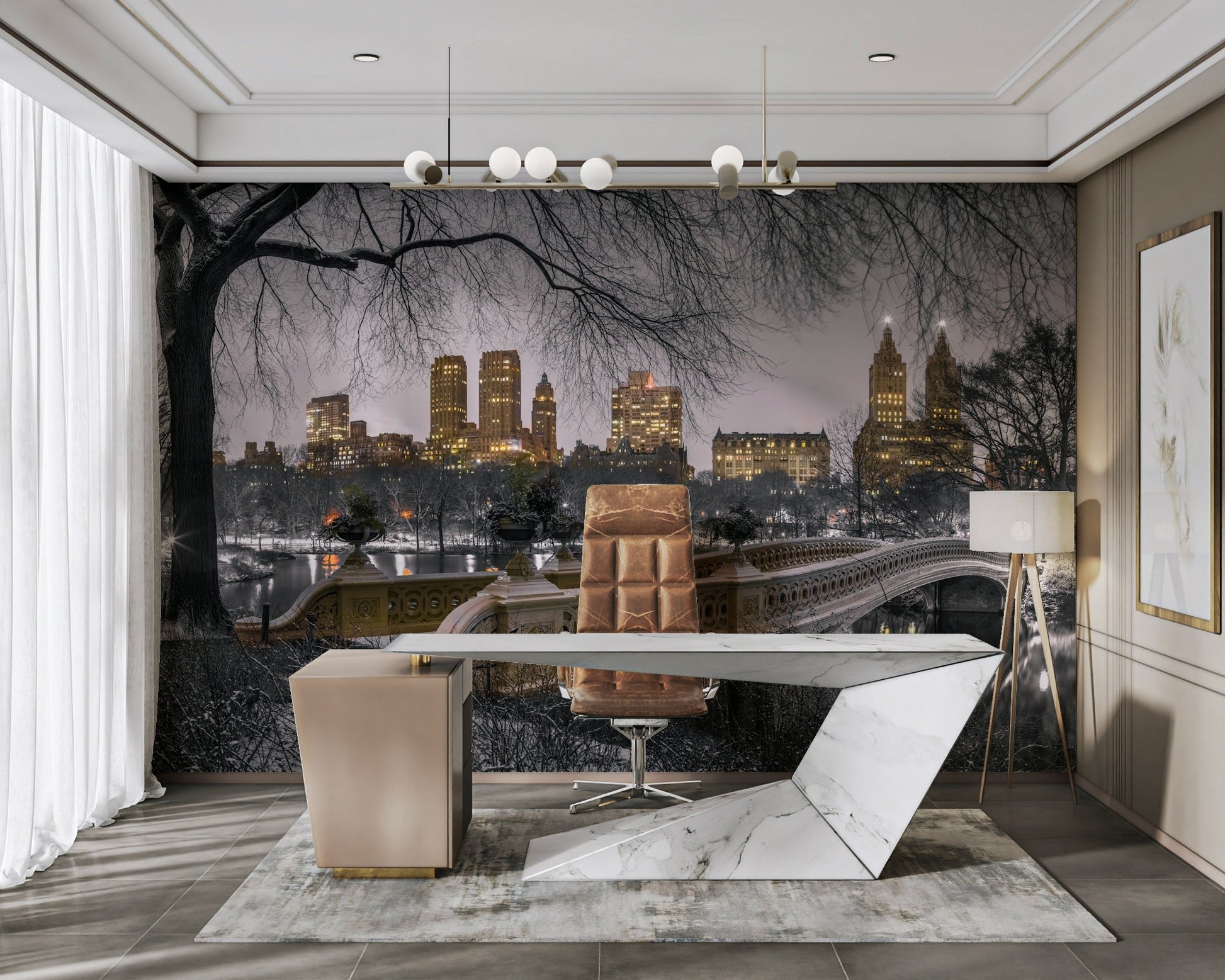 The wallpaper is used as a feature wall in a bedroom.

