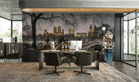 A living room featuring the iconic city wall mural.

