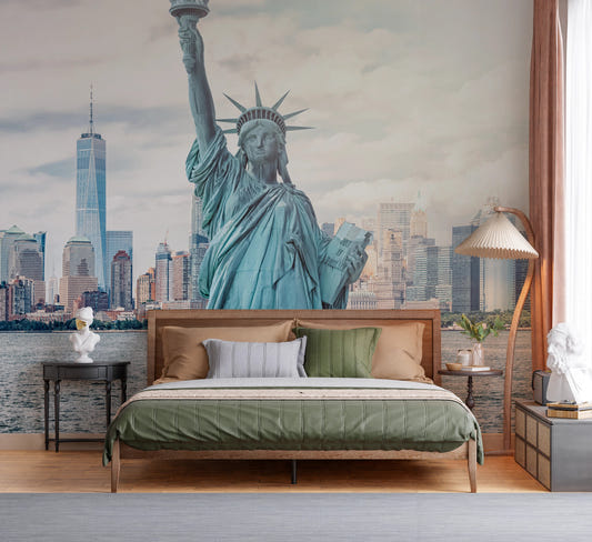 NYC Lady Liberty wall mural with watercolor bloomscape