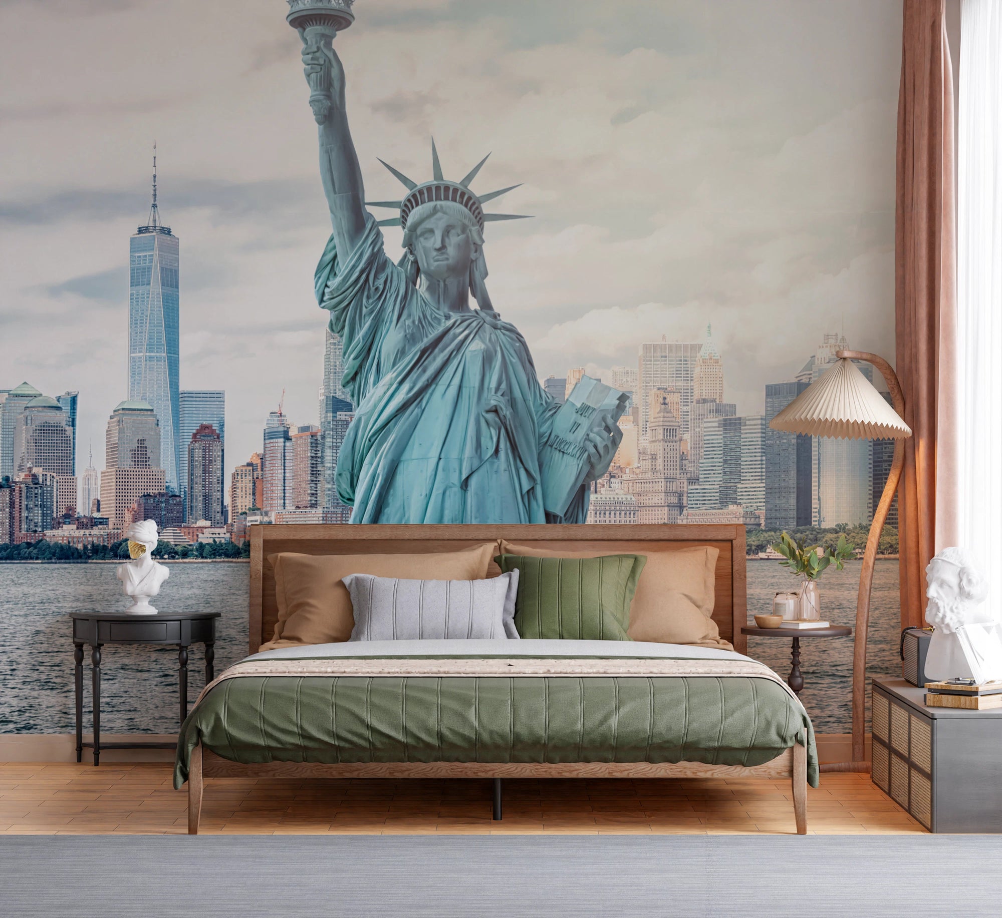NYC Lady Liberty wall mural with watercolor bloomscape, GD8187