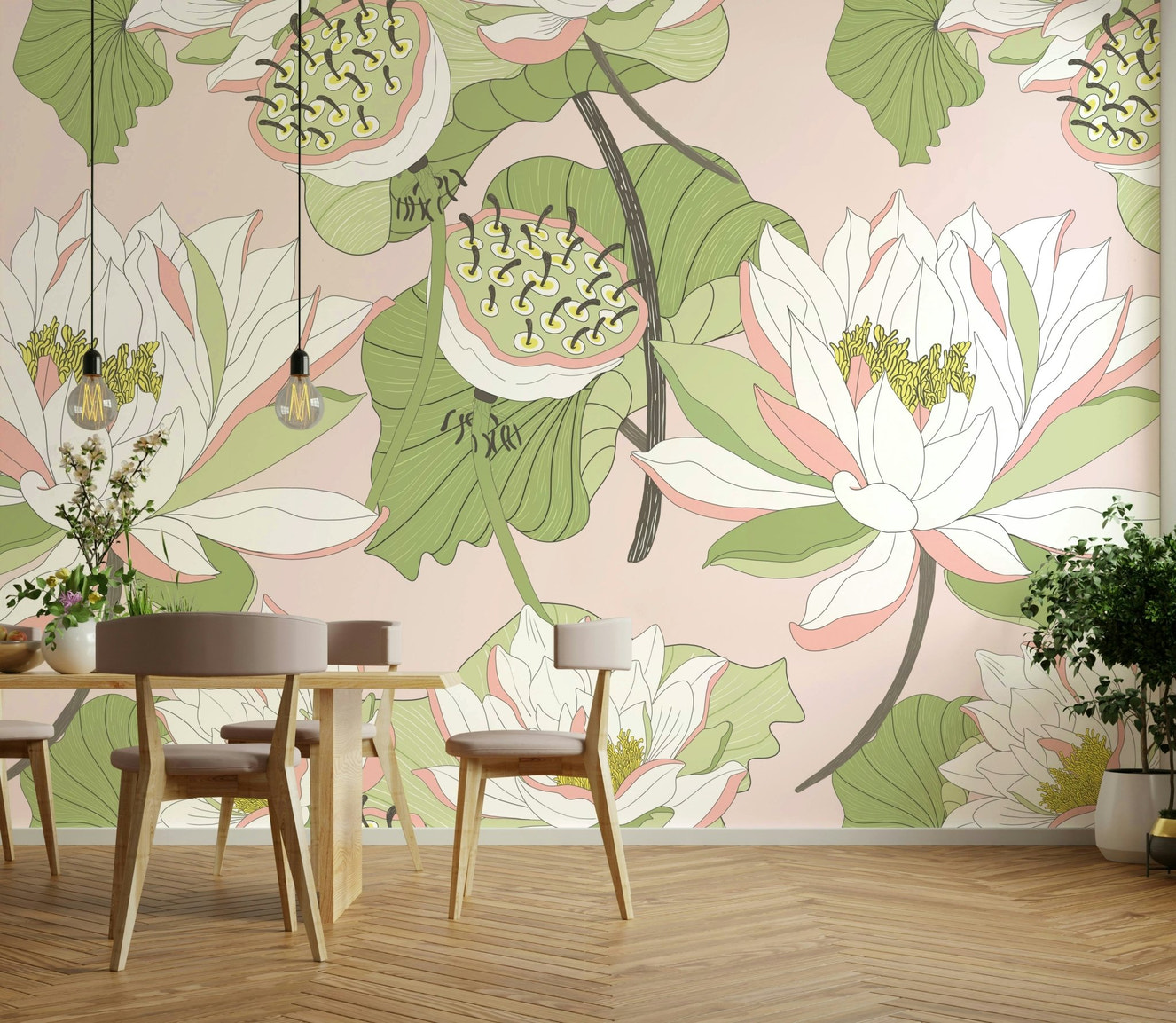 Botanical water lily wall mural design

