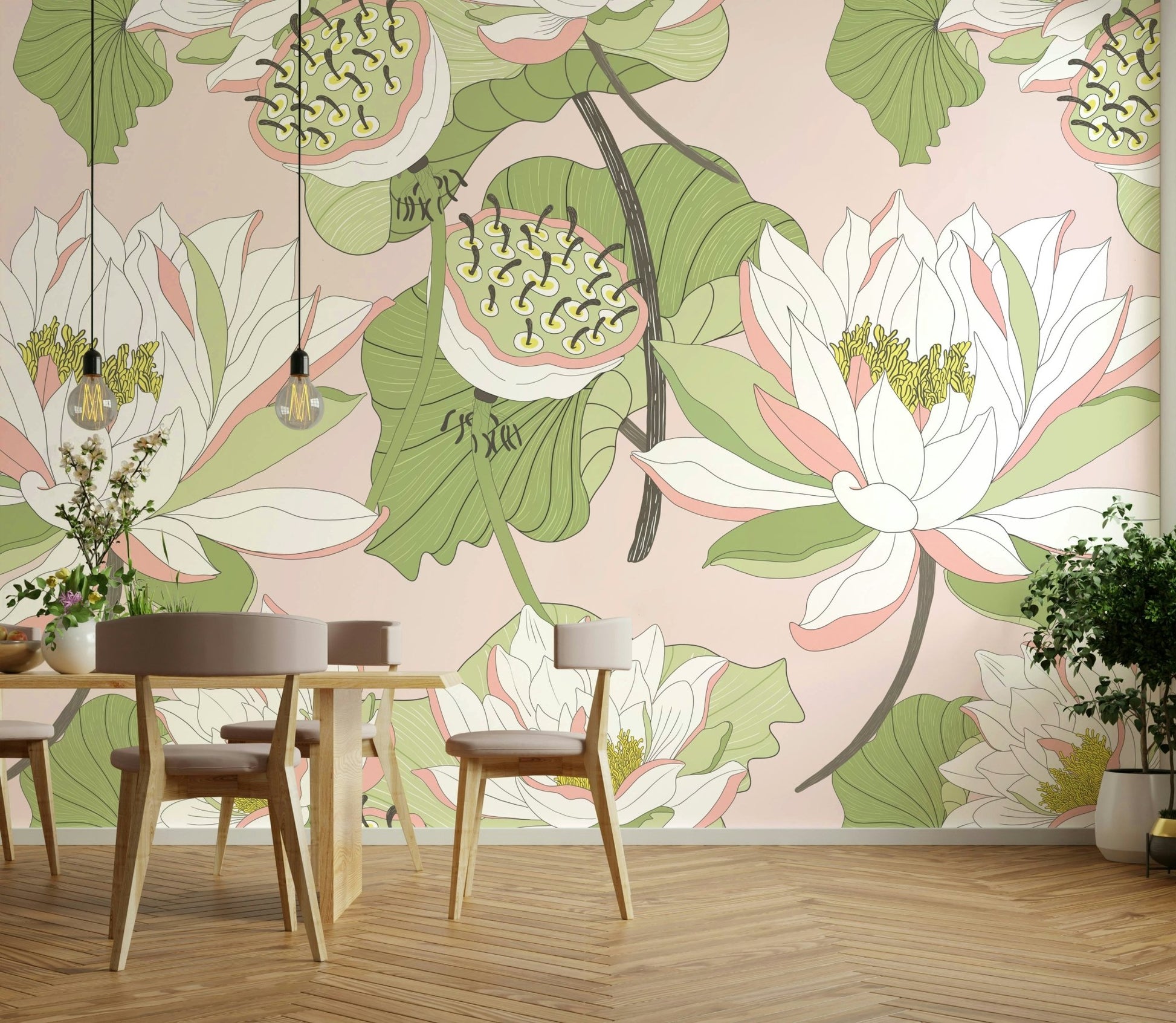 Botanical water lily wall mural design

