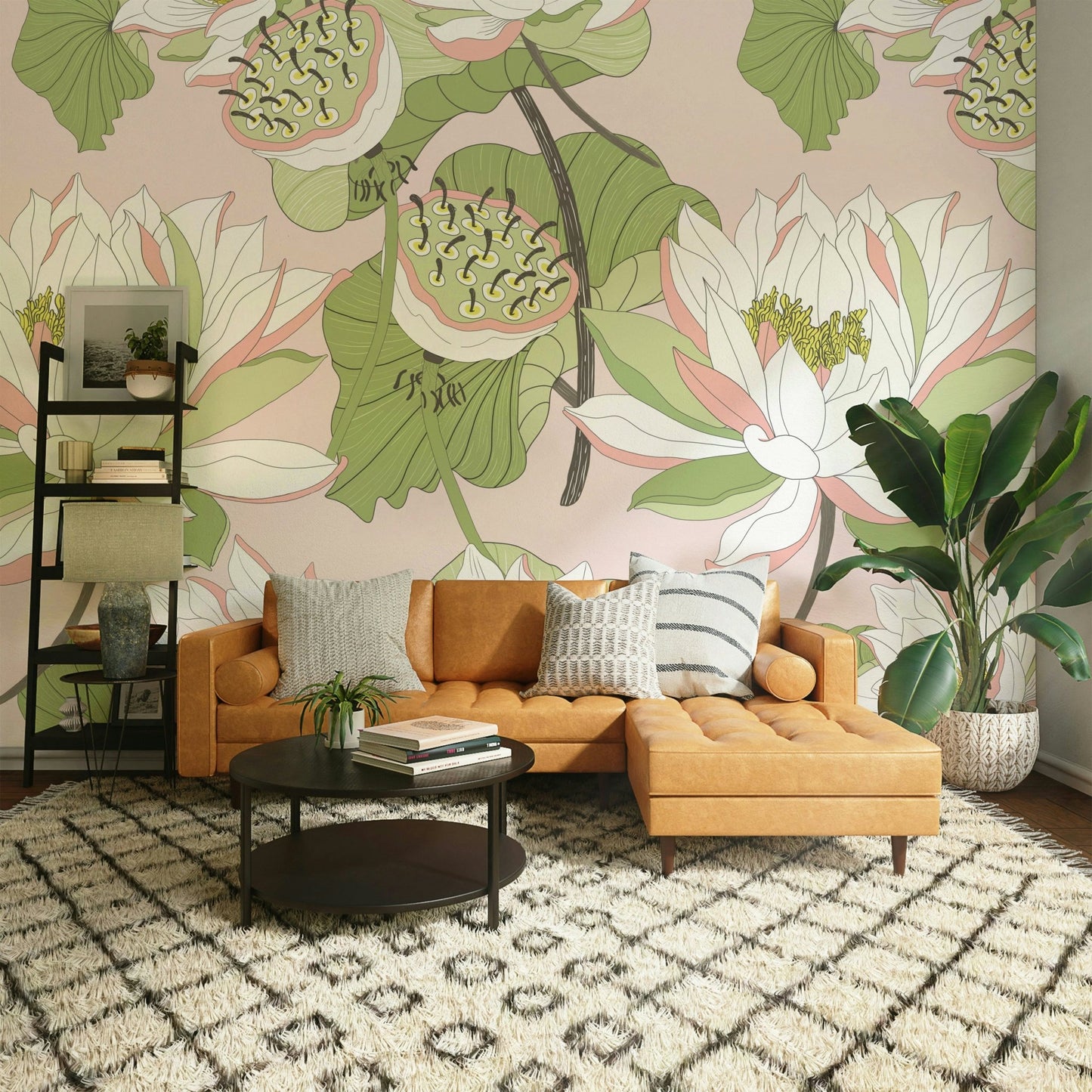 Botanical wall mural with soft tones


