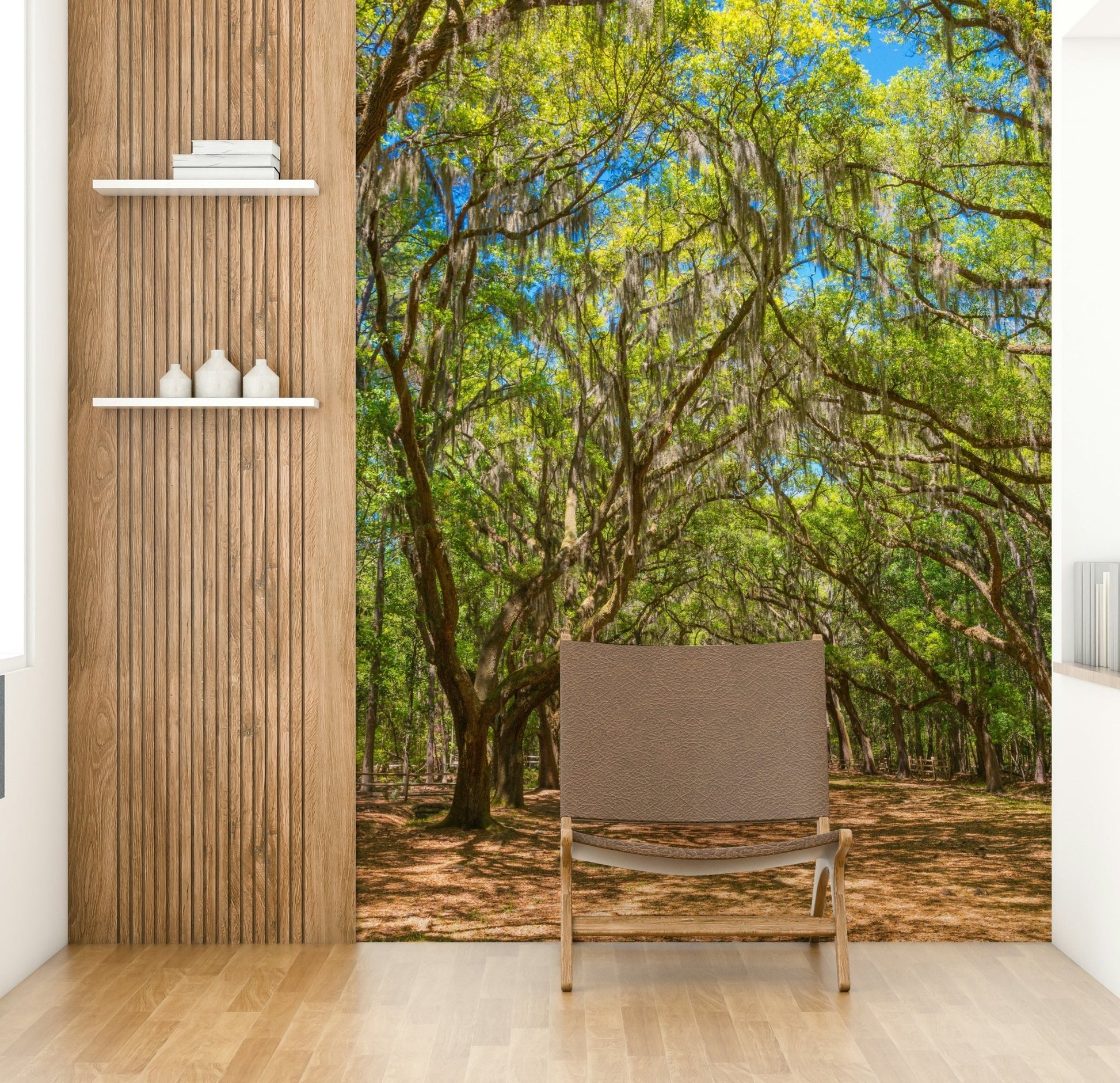 Wall mural with overhead tree branches
