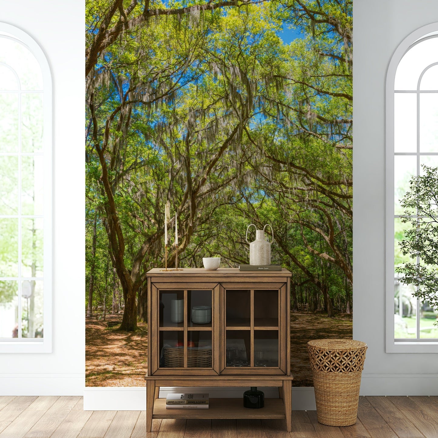 Tree-lined road wall mural
