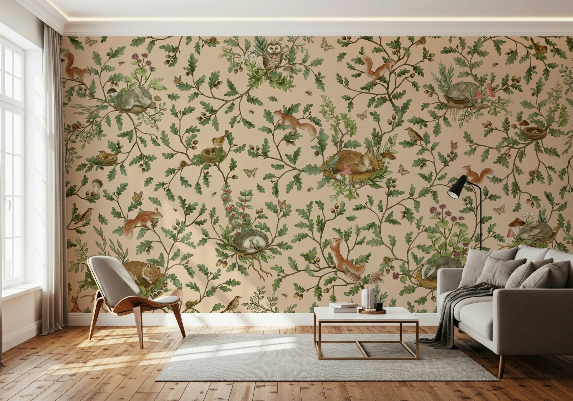 Sitting room with the charming Oak Haven Wall Mural backdrop.