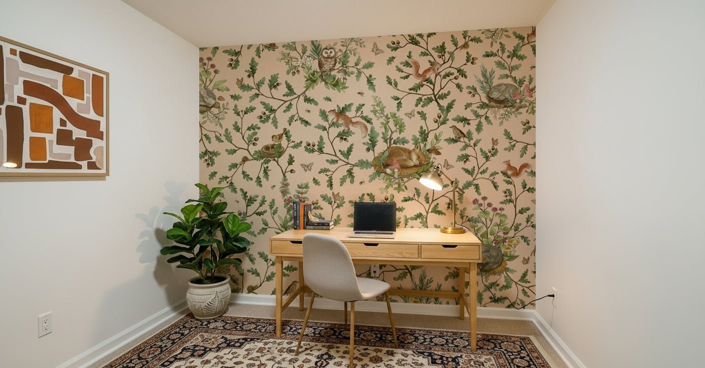 Interior space featuring the peaceful Oak Haven Wall Mural.