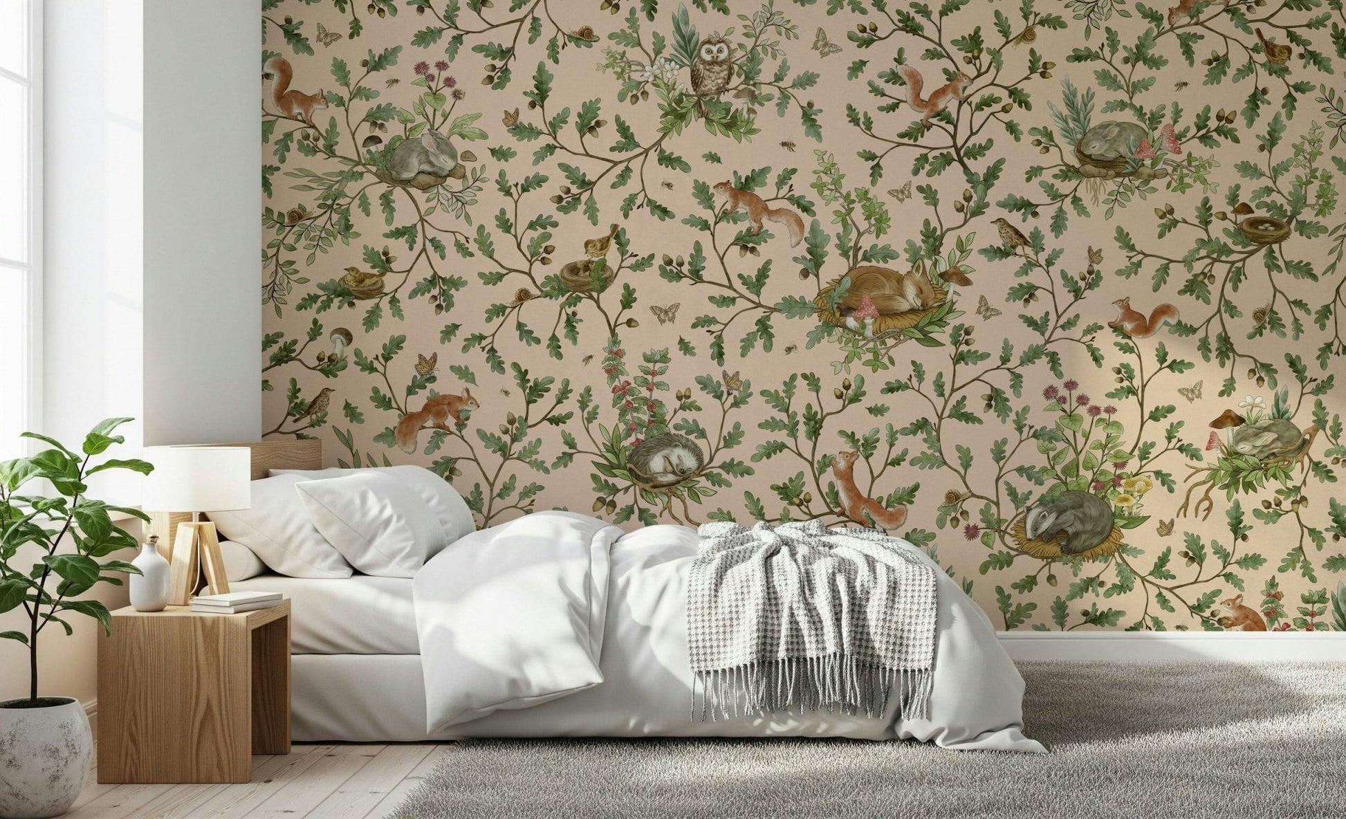 Headboard area showcasing the wooded Oak Haven Wall Mural.