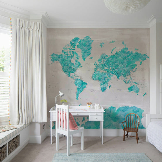 Ocean blue watercolor world map wallpaper GD216

