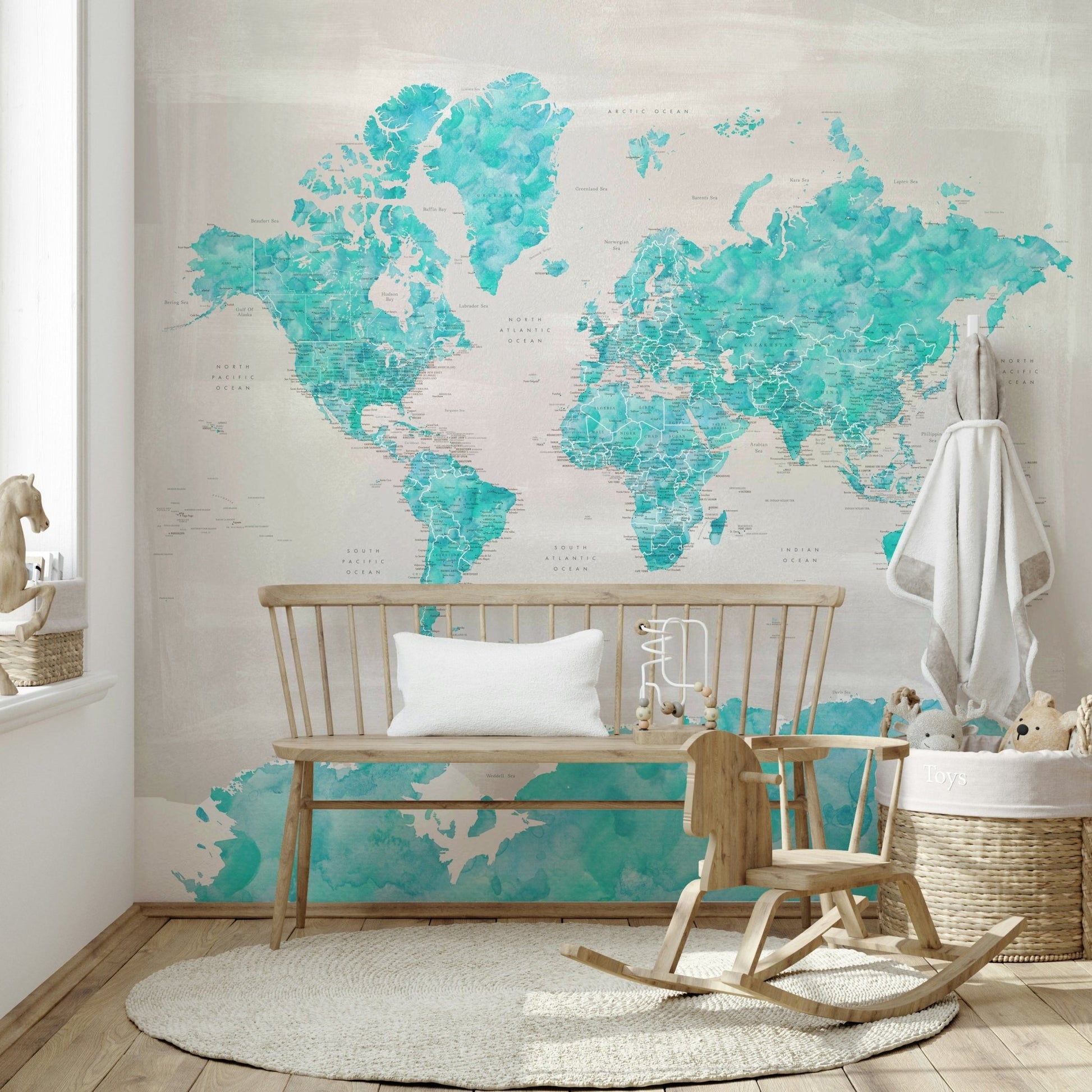 Ocean blue artistic world map mural


