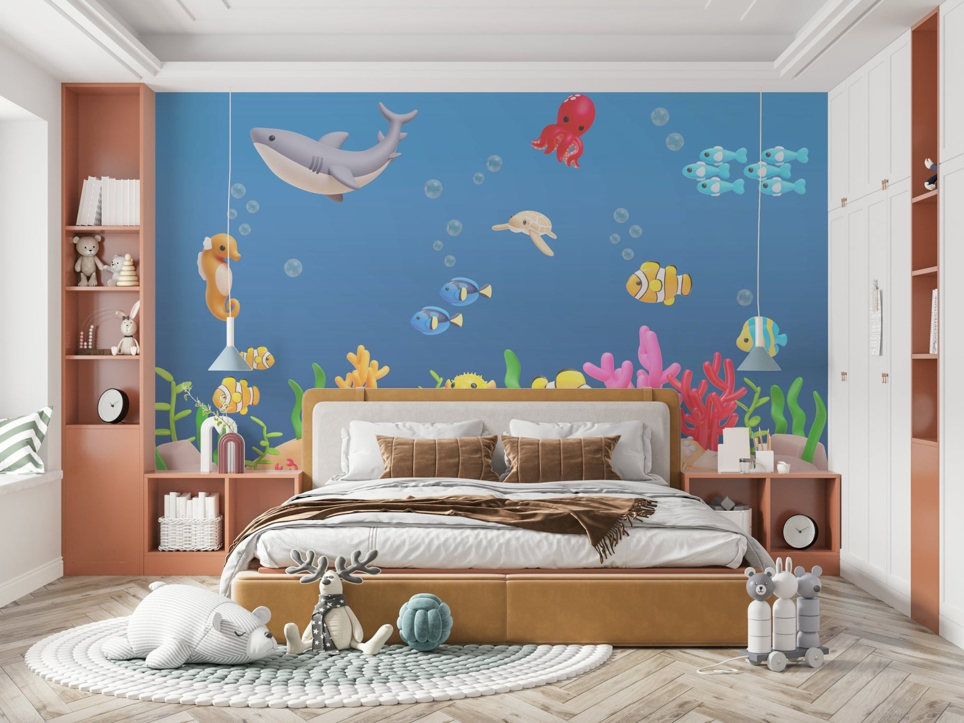 A full-wall mural of a tranquil underwater scene.

