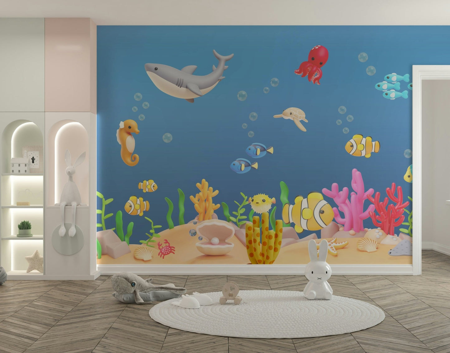 The mural is created for an entire wall, providing an immersive feel.
