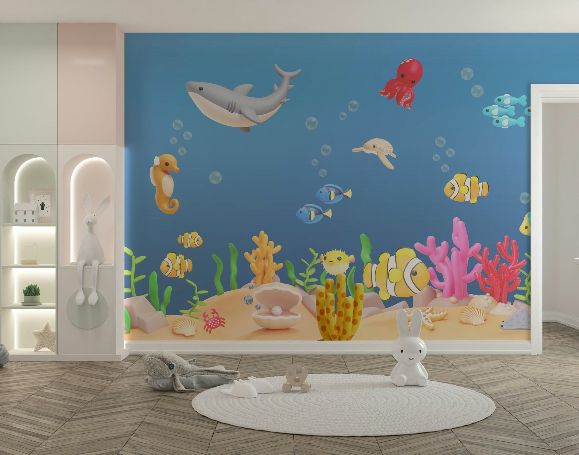 The mural is created for an entire wall, providing an immersive feel.
