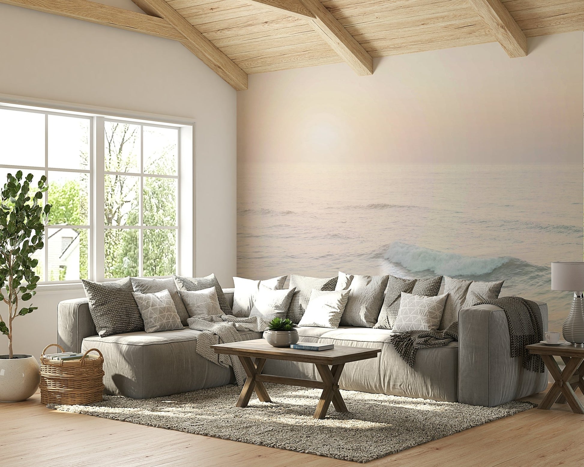 Beautiful ocean mural with soft hues of blue and gold

