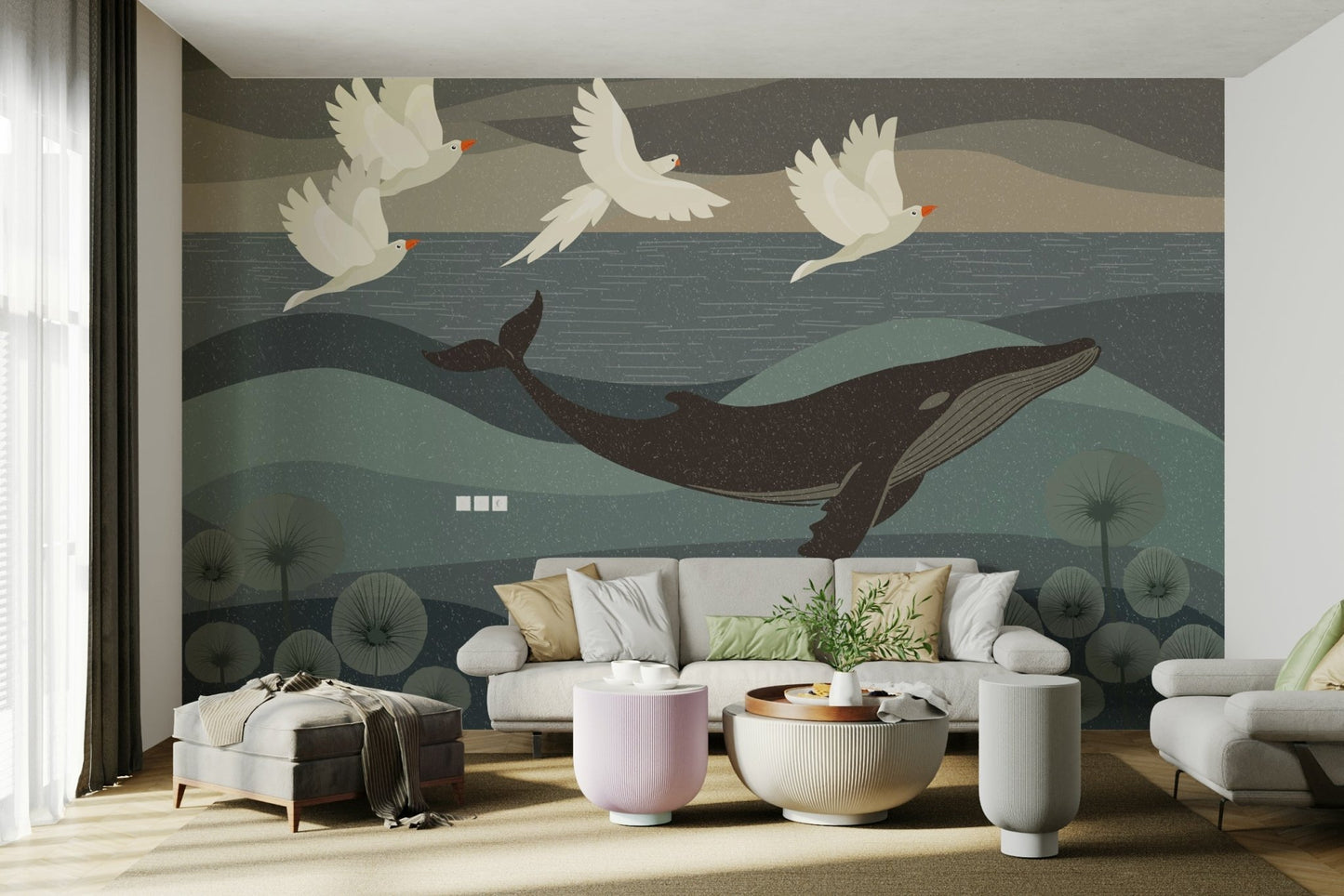 The sea life and plants are in soft, light colors like whites and light blues.

