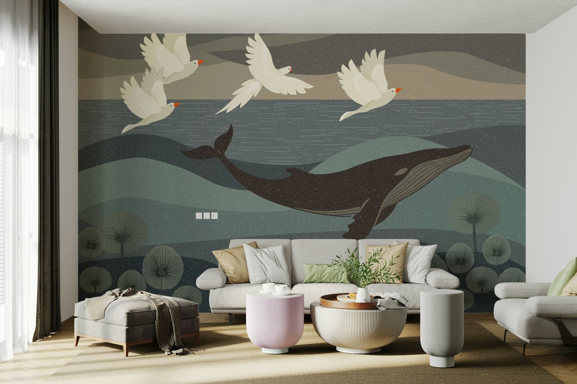 The sea life and plants are in soft, light colors like whites and light blues.

