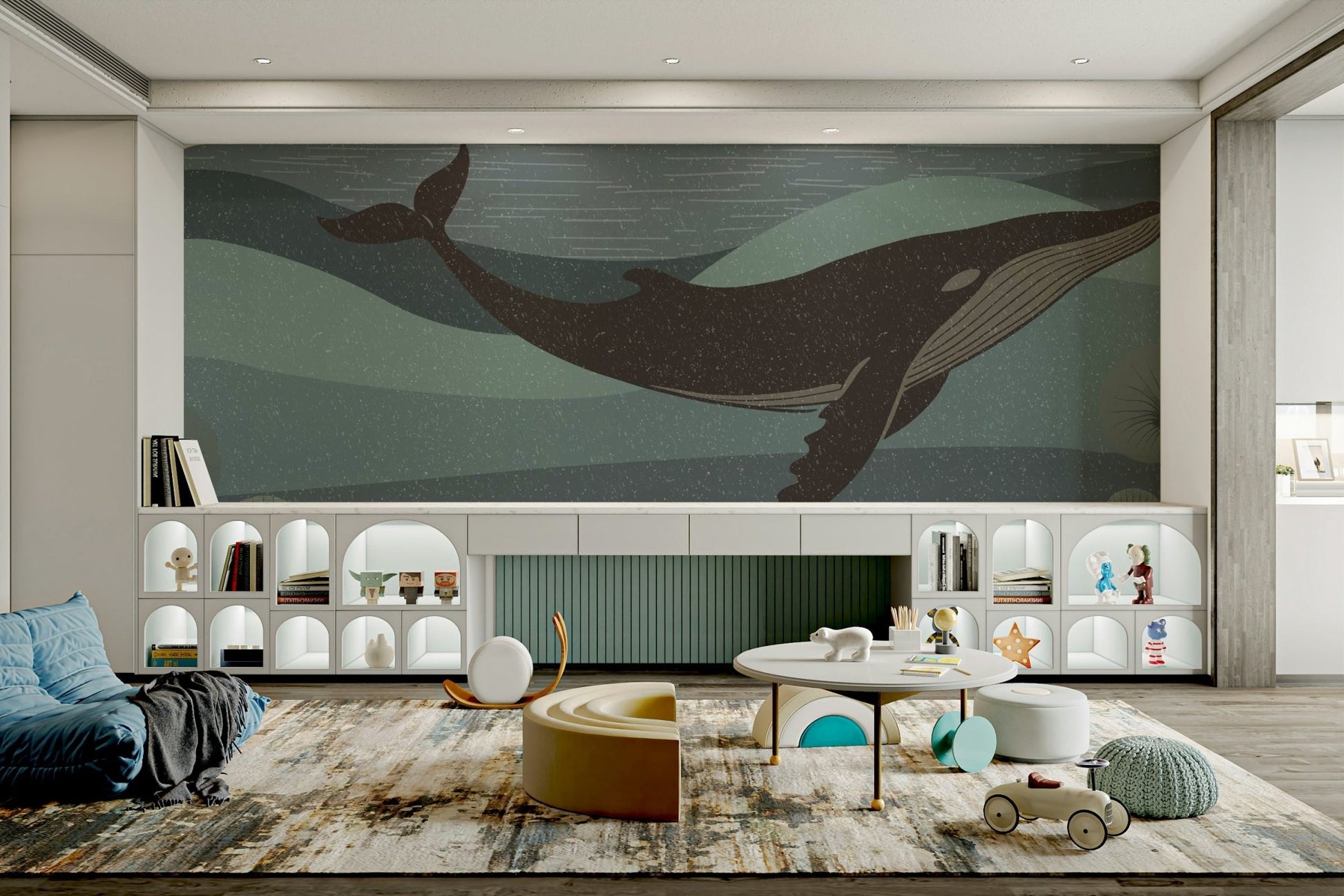 An elegant wall mural with a peaceful underwater scene.

