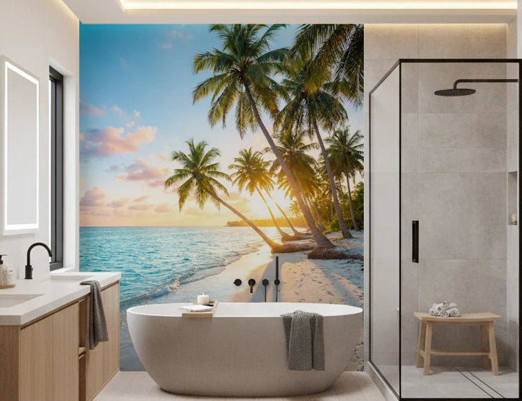 Bathroom styled using Ocean Dreams mural with palm shoreline, GD8476