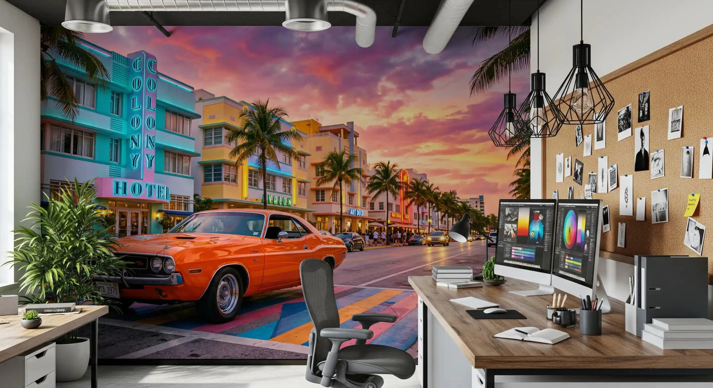 Ocean Drive Sunset Ride wall mural capturing neon hotel lights and road scene, GD9029