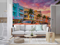 Living room using Ocean Drive Sunset Ride wall mural in neon sunset tones, GD9029