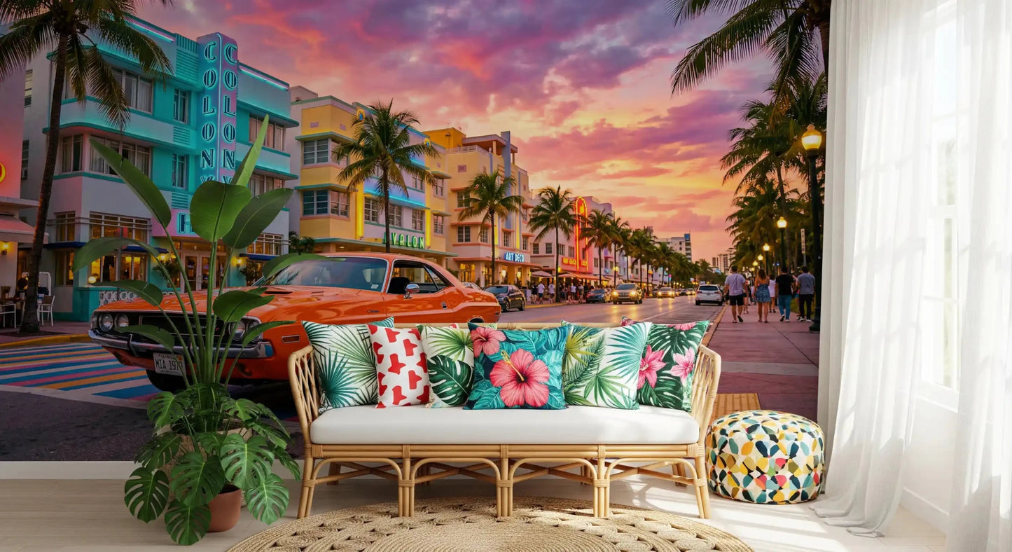 Hallway with Ocean Drive Sunset Ride wall mural and pastel hotel skyline, GD9029