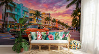Hallway with Ocean Drive Sunset Ride wall mural and pastel hotel skyline, GD9029