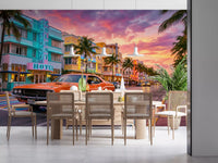 Retro street wall mural in coral, turquoise, and sunset pink city tones, GD9029
