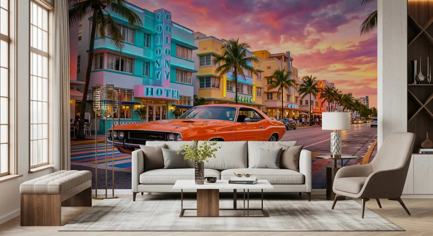 Living room styled with Ocean Drive Sunset Ride wall mural and vintage orange car, GD9029