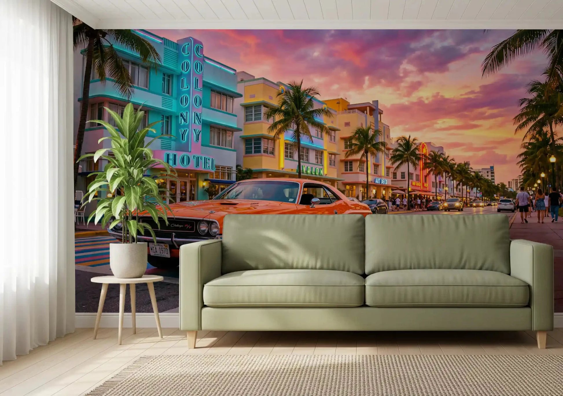 Ocean Drive Sunset Ride wall mural with palm trees and pastel art deco facades, GD9029