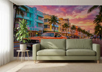 Ocean Drive Sunset Ride wall mural with palm trees and pastel art deco facades, GD9029