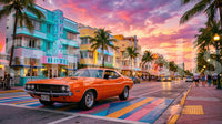 Ocean Drive Sunset Ride wall mural with colorful crosswalk and evening city glow, GD9029