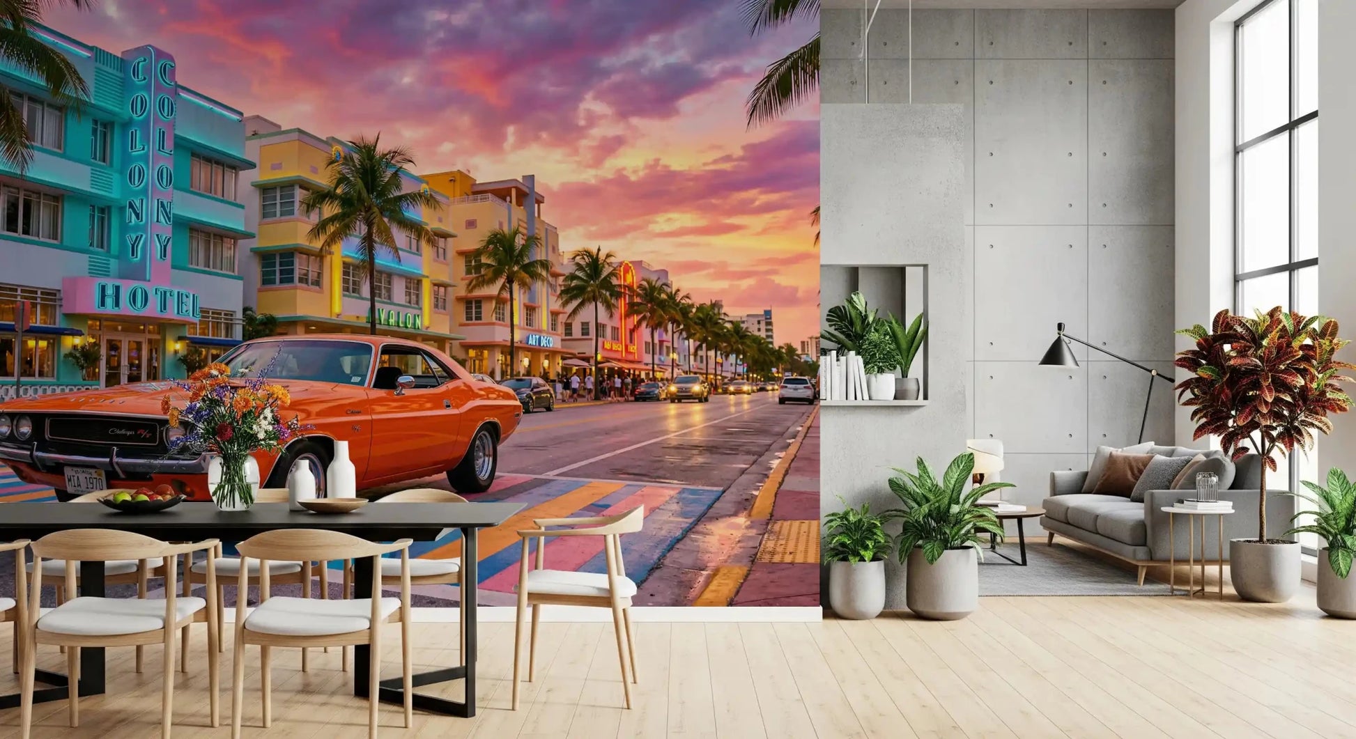 Ocean Drive Sunset Ride wall mural with retro buildings and glowing evening sky, GD9029