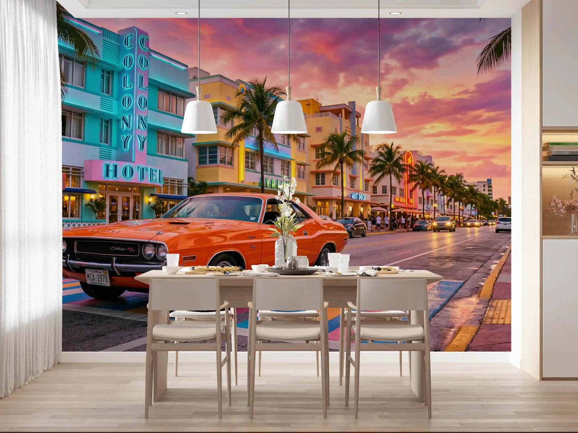 Cityscape wall mural showing a classic car beside colorful oceanfront hotels, GD9029