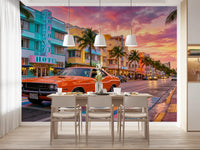 Cityscape wall mural showing a classic car beside colorful oceanfront hotels, GD9029
