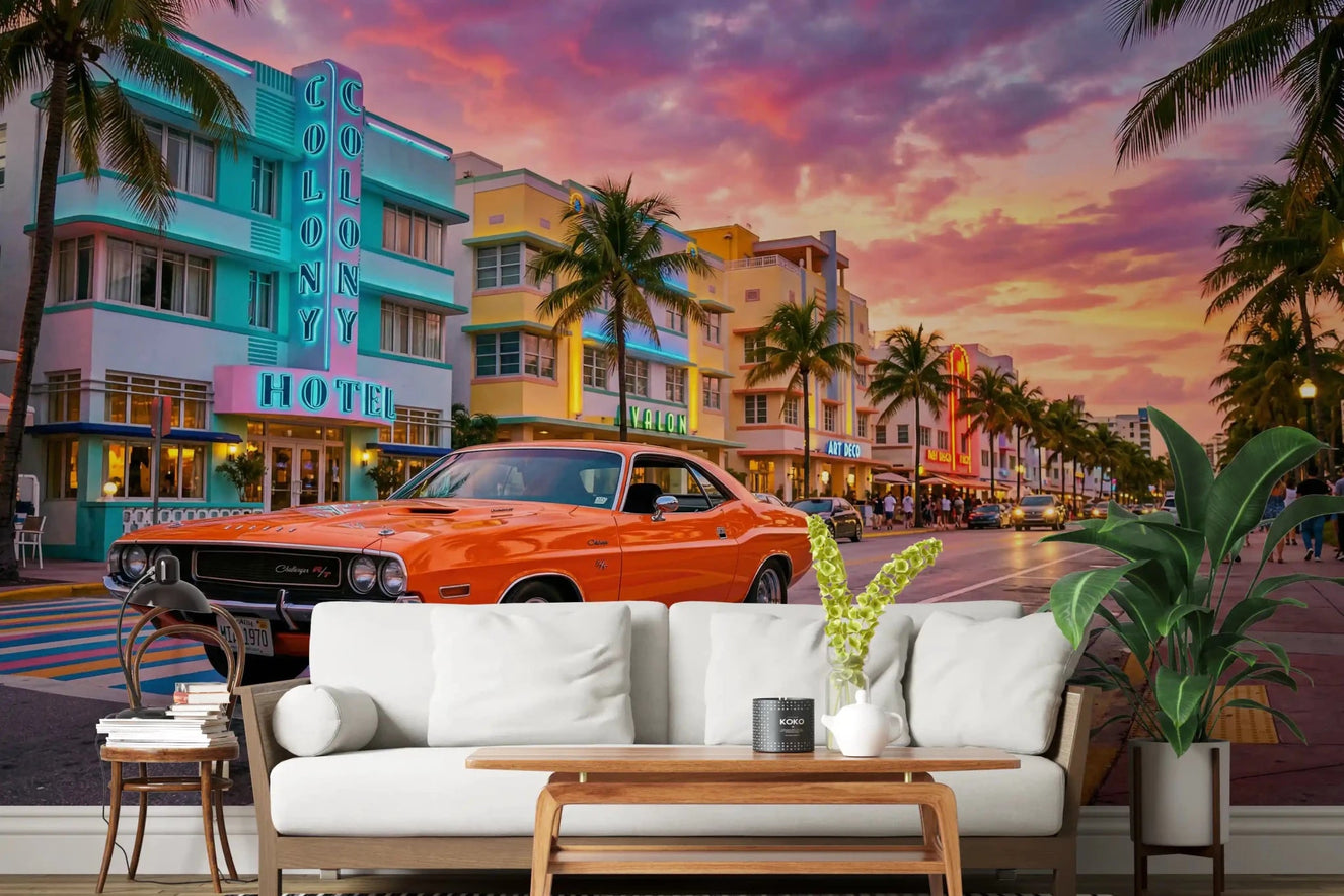 Home office featuring Ocean Drive Sunset Ride wall mural with palm-lined street