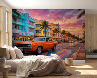 Vintage Miami-style wall mural with orange car and palm avenue at dusk, GD9029
