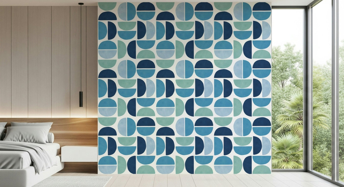 Wallpaper mural Ocean Echoes navy teal light blue motif.