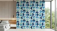 Wallpaper mural Ocean Echoes navy teal light blue motif.