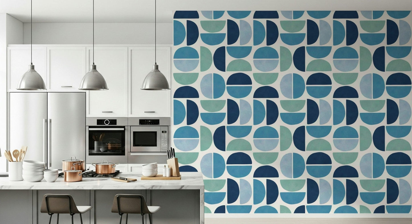 Ocean Echoes design wallpaper mural divided circles ocean hues.