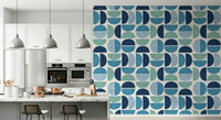 Ocean Echoes design wallpaper mural divided circles ocean hues.