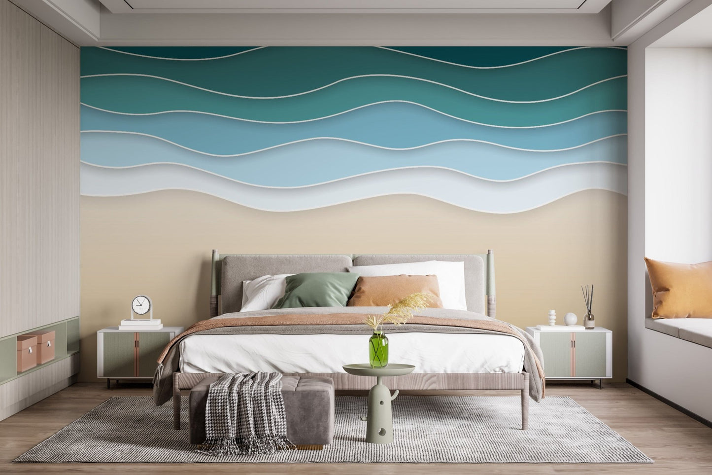Serene ocean embrace layered wall mural for tranquil interiors.
